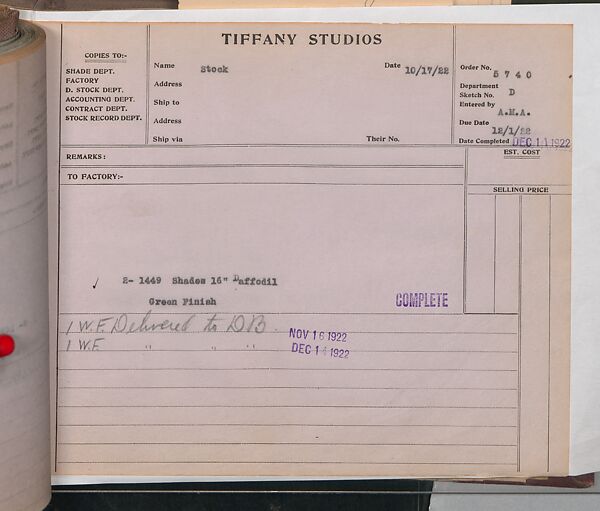 Tiffany Studios Lamp Department Ledger Book, Tiffany Studios (1902–32), pencil and ink on paper, American