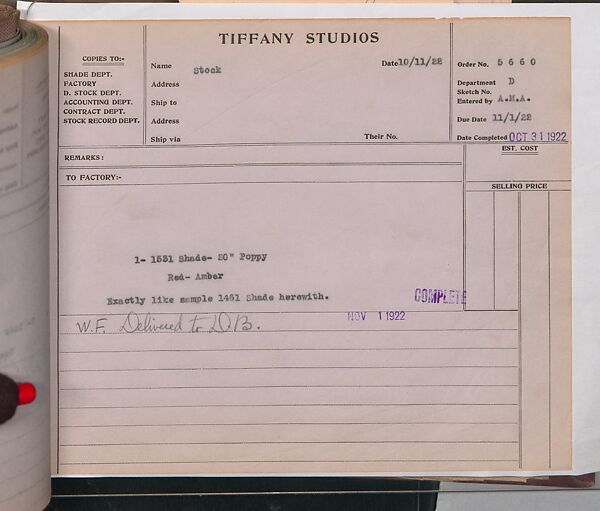 Tiffany Studios Lamp Department Ledger Book, Tiffany Studios (1902–32), pencil and ink on paper, American