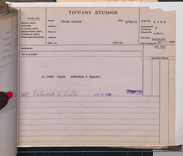 Tiffany Studios Lamp Department Ledger Book, Tiffany Studios (1902–32), pencil and ink on paper, American