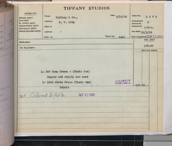 Tiffany Studios Lamp Department Ledger Book, Tiffany Studios (1902–32), pencil and ink on paper, American