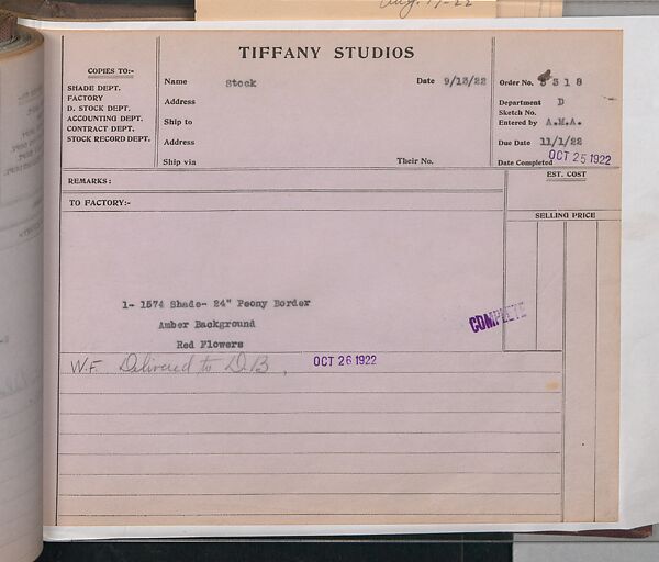 Tiffany Studios Lamp Department Ledger Book, Tiffany Studios (1902–32), pencil and ink on paper, American