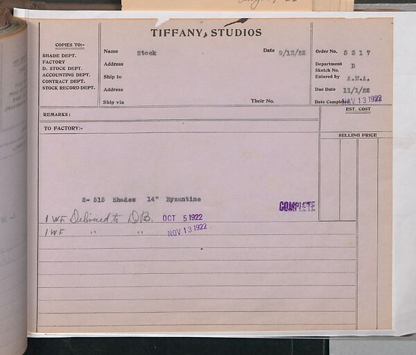 Tiffany Studios Lamp Department Ledger Book, Tiffany Studios (1902–32), pencil and ink on paper, American