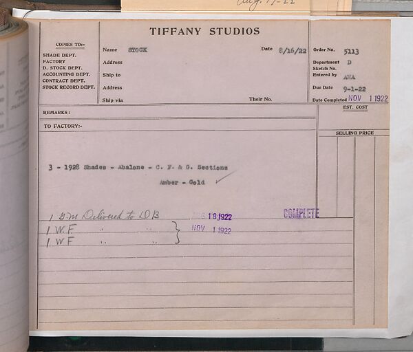 Tiffany Studios Lamp Department Ledger Book, Tiffany Studios (1902–32), pencil and ink on paper, American