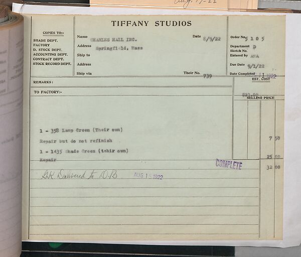 Tiffany Studios Lamp Department Ledger Book, Tiffany Studios (1902–32), pencil and ink on paper, American