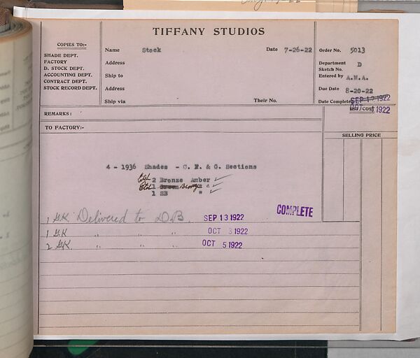 Tiffany Studios Lamp Department Ledger Book, Tiffany Studios (1902–32), pencil and ink on paper, American