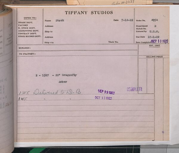 Tiffany Studios Lamp Department Ledger Book, Tiffany Studios (1902–32), pencil and ink on paper, American
