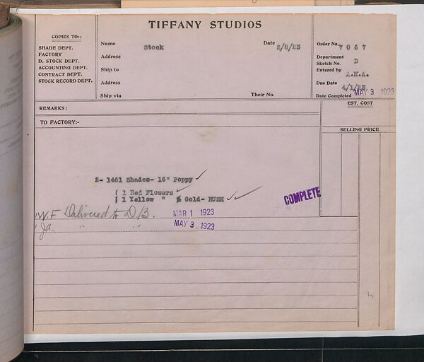 Tiffany Studios Lamp Department Ledger Book, Tiffany Studios (1902–32), pencil and ink on paper, American
