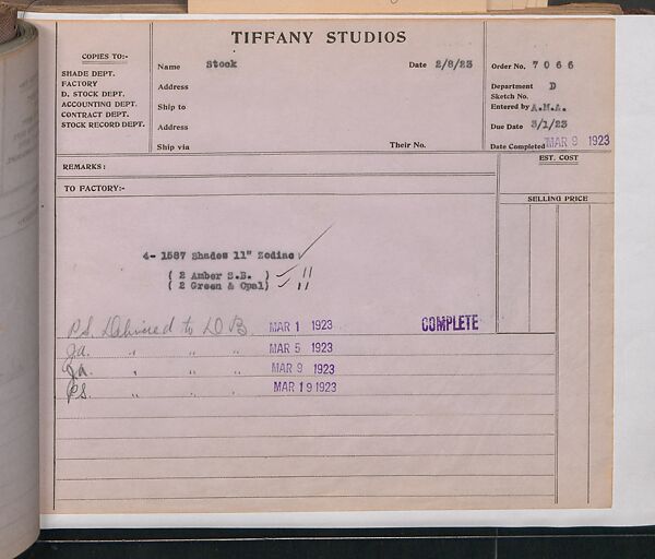 Tiffany Studios Lamp Department Ledger Book, Tiffany Studios (1902–32), pencil and ink on paper, American
