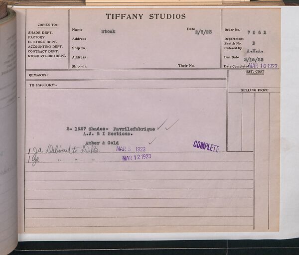 Tiffany Studios Lamp Department Ledger Book, Tiffany Studios (1902–32), pencil and ink on paper, American