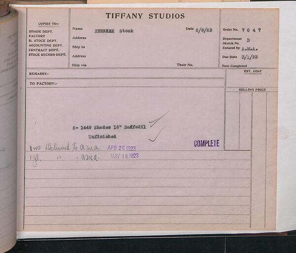 Tiffany Studios Lamp Department Ledger Book, Tiffany Studios (1902–32), pencil and ink on paper, American