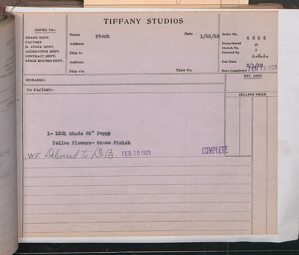 Tiffany Studios Lamp Department Ledger Book, Tiffany Studios (1902–32), pencil and ink on paper, American