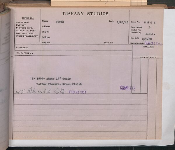 Tiffany Studios Lamp Department Ledger Book, Tiffany Studios (1902–32), pencil and ink on paper, American