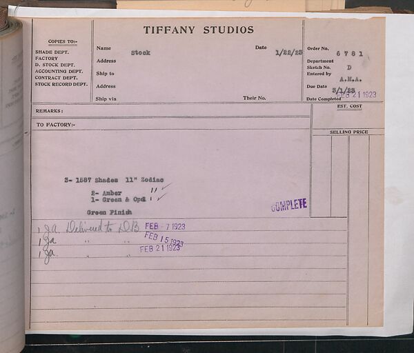 Tiffany Studios Lamp Department Ledger Book, Tiffany Studios (1902–32), pencil and ink on paper, American