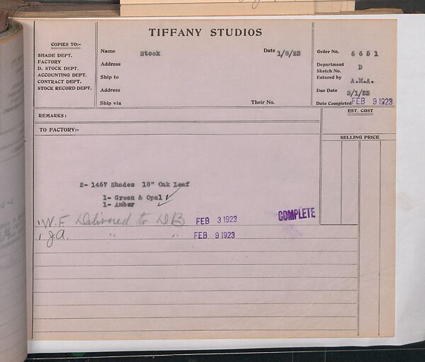Tiffany Studios Lamp Department Ledger Book, Tiffany Studios (1902–32), pencil and ink on paper, American