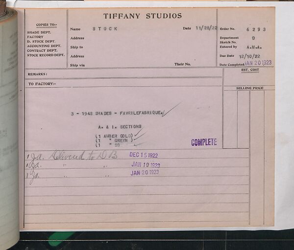 Tiffany Studios Lamp Department Ledger Book, Tiffany Studios (1902–32), pencil and ink on paper, American