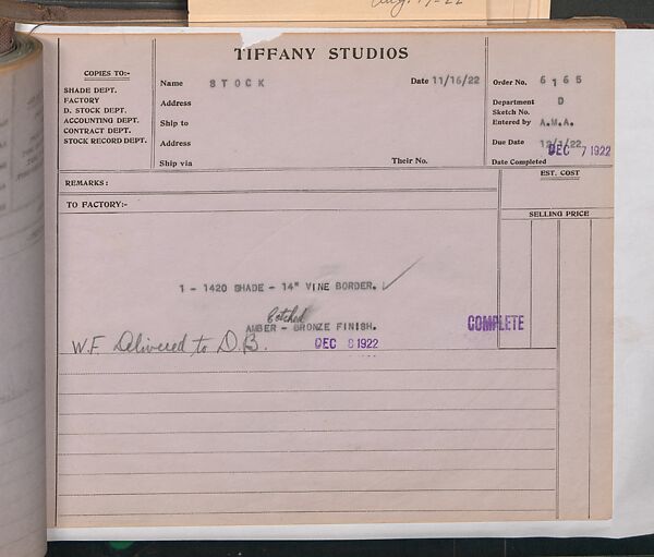 Tiffany Studios Lamp Department Ledger Book, Tiffany Studios (1902–32), pencil and ink on paper, American