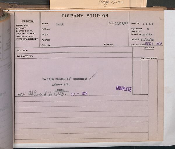 Tiffany Studios Lamp Department Ledger Book, Tiffany Studios (1902–32), pencil and ink on paper, American