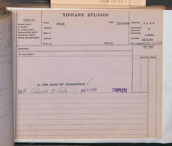 Tiffany Studios Lamp Department Ledger Book, Tiffany Studios (1902–32), pencil and ink on paper, American