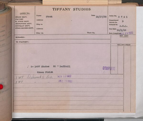 Tiffany Studios Lamp Department Ledger Book, Tiffany Studios (1902–32), pencil and ink on paper, American
