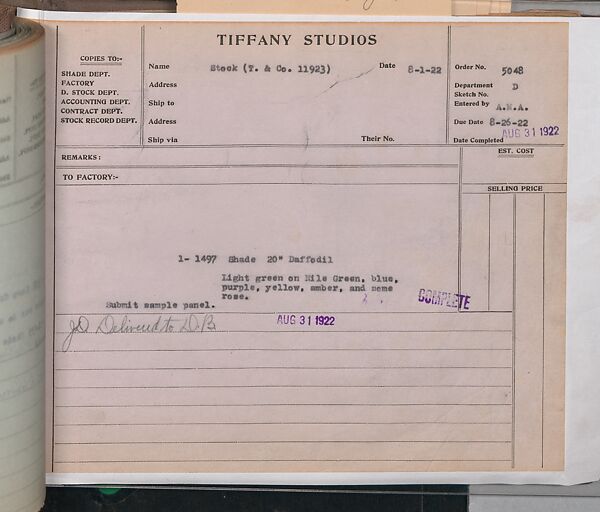 Tiffany Studios Lamp Department Ledger Book, Tiffany Studios (1902–32), pencil and ink on paper, American