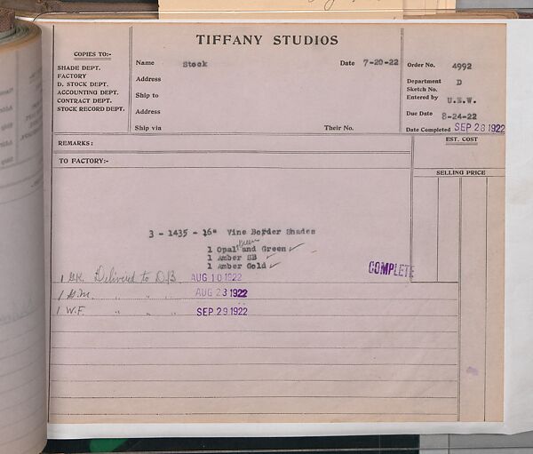 Tiffany Studios Lamp Department Ledger Book, Tiffany Studios (1902–32), pencil and ink on paper, American