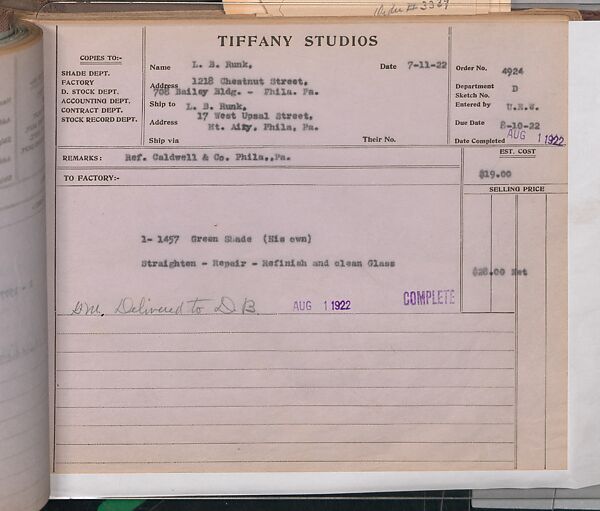 Tiffany Studios Lamp Department Ledger Book, Tiffany Studios (1902–32), pencil and ink on paper, American