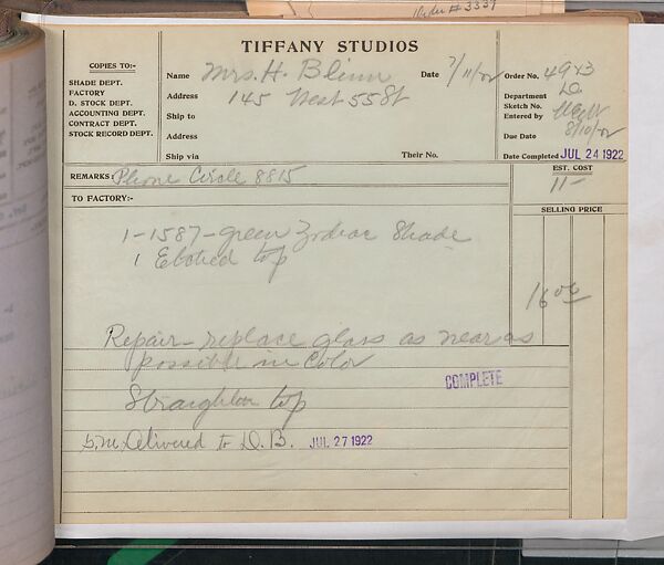 Tiffany Studios Lamp Department Ledger Book, Tiffany Studios (1902–32), pencil and ink on paper, American