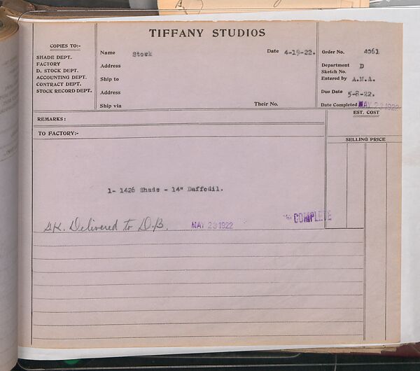 Tiffany Studios Lamp Department Ledger Book, Tiffany Studios (1902–32), pencil and ink on paper, American