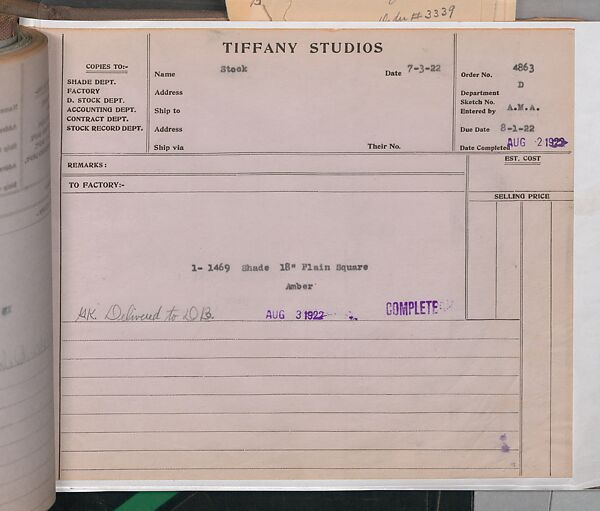 Tiffany Studios Lamp Department Ledger Book, Tiffany Studios (1902–32), pencil and ink on paper, American