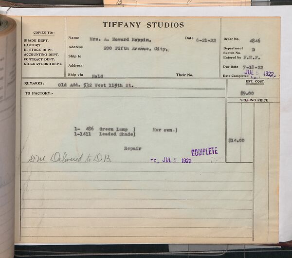Tiffany Studios Lamp Department Ledger Book, Tiffany Studios (1902–32), pencil and ink on paper, American