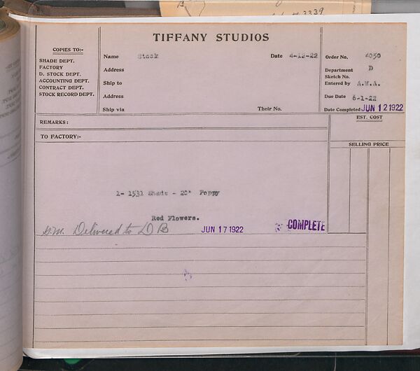 Tiffany Studios Lamp Department Ledger Book, Tiffany Studios (1902–32), pencil and ink on paper, American