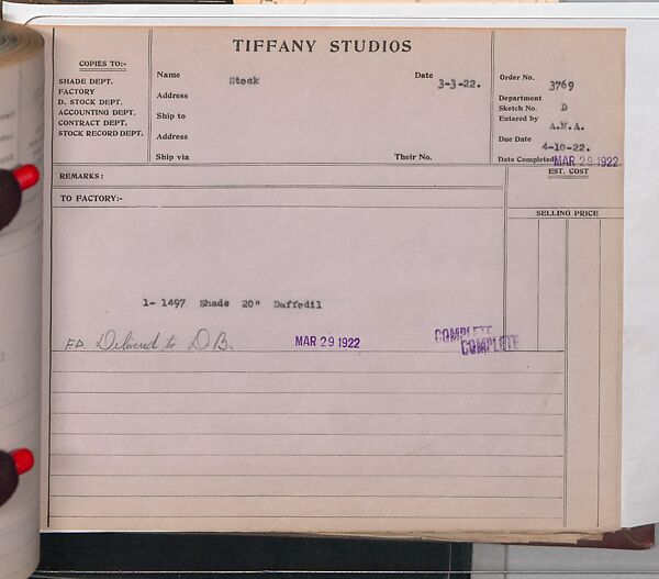 Tiffany Studios Lamp Department Ledger Book, Tiffany Studios (1902–32), pencil and ink on paper, American