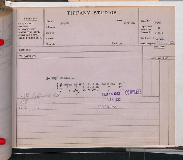 Tiffany Studios Lamp Department Ledger Book, Tiffany Studios (1902–32), pencil and ink on paper, American