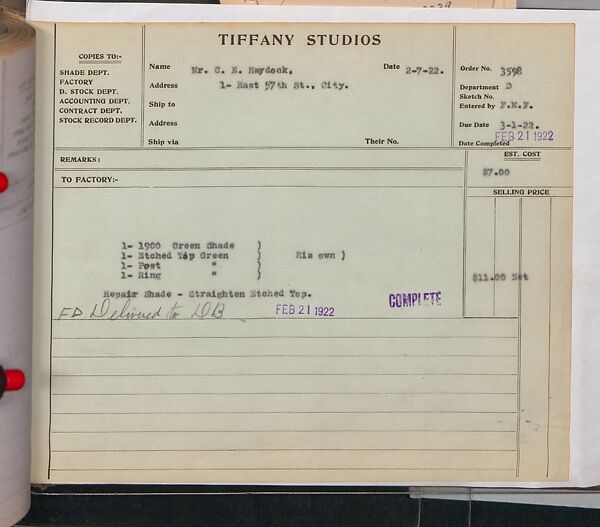 Tiffany Studios Lamp Department Ledger Book, Tiffany Studios (1902–32), pencil and ink on paper, American