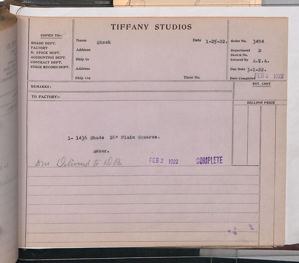 Tiffany Studios Lamp Department Ledger Book, Tiffany Studios (1902–32), pencil and ink on paper, American