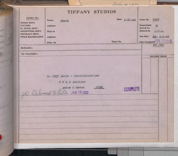 Tiffany Studios Lamp Department Ledger Book, Tiffany Studios (1902–32), pencil and ink on paper, American