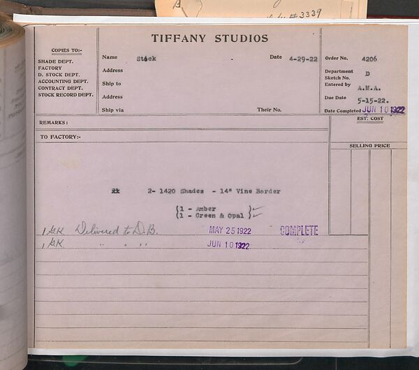 Tiffany Studios Lamp Department Ledger Book, Tiffany Studios (1902–32), pencil and ink on paper, American
