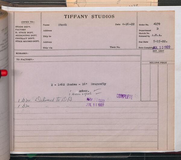 Tiffany Studios Lamp Department Ledger Book, Tiffany Studios (1902–32), pencil and ink on paper, American