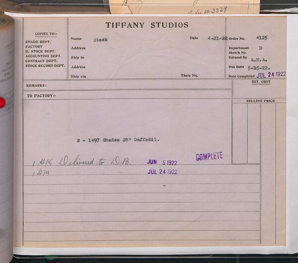 Tiffany Studios Lamp Department Ledger Book, Tiffany Studios (1902–32), pencil and ink on paper, American
