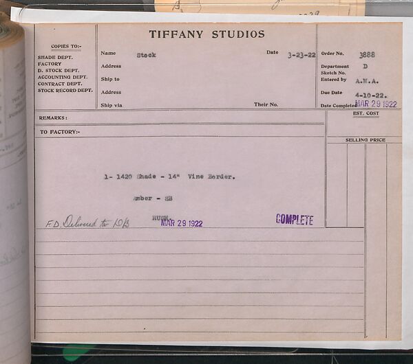 Tiffany Studios Lamp Department Ledger Book, Tiffany Studios (1902–32), pencil and ink on paper, American