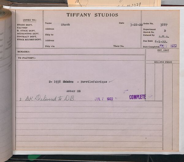 Tiffany Studios Lamp Department Ledger Book, Tiffany Studios (1902–32), pencil and ink on paper, American