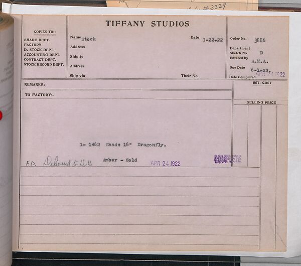 Tiffany Studios Lamp Department Ledger Book, Tiffany Studios (1902–32), pencil and ink on paper, American