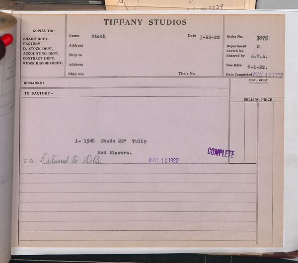 Tiffany Studios Lamp Department Ledger Book, Tiffany Studios (1902–32), pencil and ink on paper, American