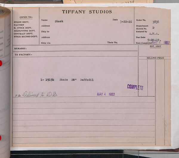 Tiffany Studios Lamp Department Ledger Book, Tiffany Studios (1902–32), pencil and ink on paper, American