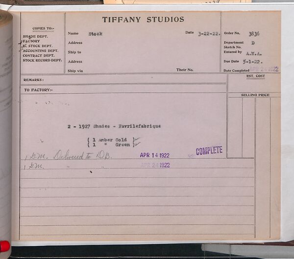 Tiffany Studios Lamp Department Ledger Book, Tiffany Studios (1902–32), pencil and ink on paper, American