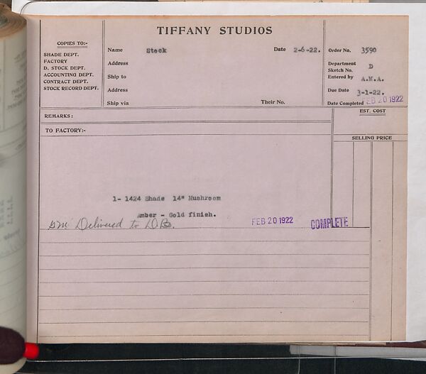 Tiffany Studios Lamp Department Ledger Book, Tiffany Studios (1902–32), pencil and ink on paper, American