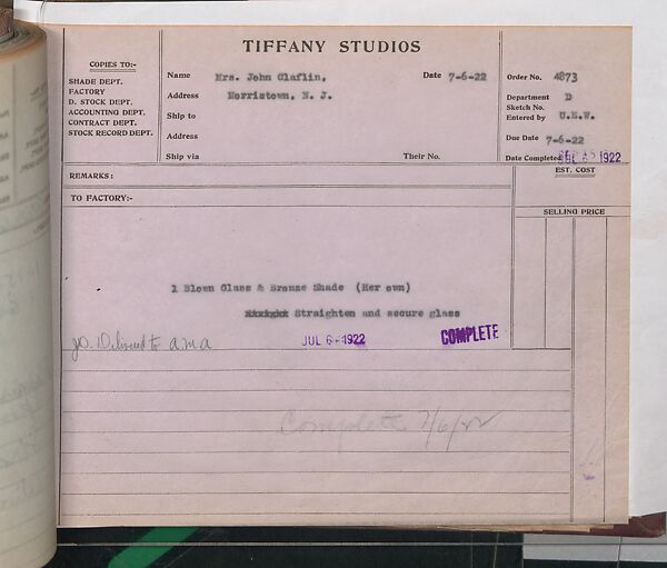 Tiffany Studios Lamp Department Ledger Book, Tiffany Studios (1902–32), pencil and ink on paper, American