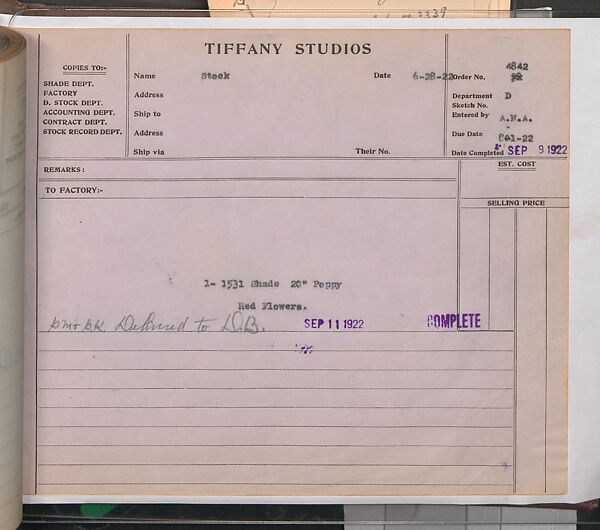Tiffany Studios Lamp Department Ledger Book, Tiffany Studios (1902–32), pencil and ink on paper, American