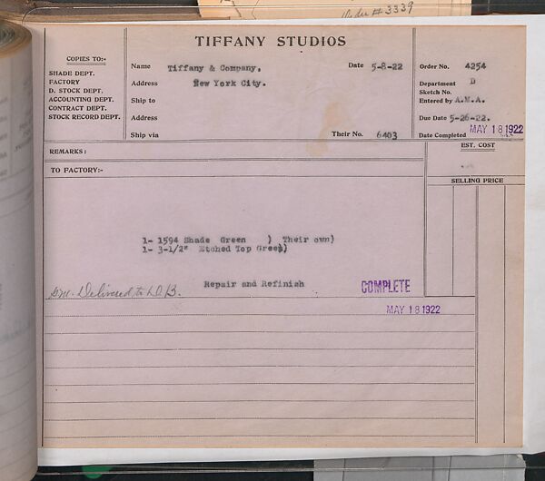 Tiffany Studios Lamp Department Ledger Book, Tiffany Studios (1902–32), pencil and ink on paper, American