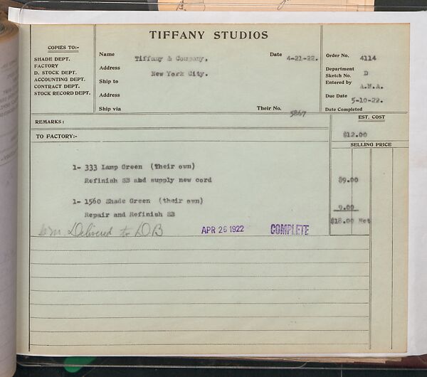 Tiffany Studios Lamp Department Ledger Book, Tiffany Studios (1902–32), pencil and ink on paper, American